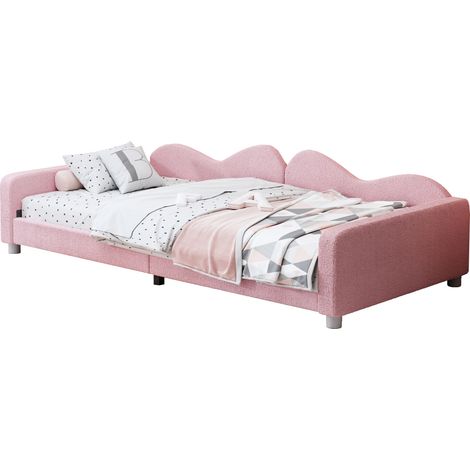 Polsterbett, Einzelbett mit Rückenlehne, Armlehnen und Sofafunktion, ohne Matratze, Teddy-Stoff, Rosa (1/5)