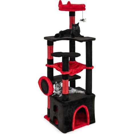 COSTWAY Tiragraffi per Gatto Alto 133 cm Stile Gotico Vampiro, Albero Tiragraffi Gatti con Pali a Corda in Juta, Amaca e Grotta, Cuccia Albero Gatto Rivestito con Giocattolo Ragno, Rosso e Nero (1/5)