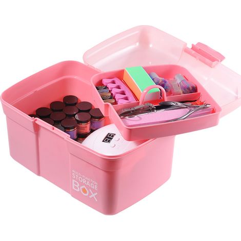 Boîte de rangement en plastique avec plateau amovible, étui à vernis à ongles, organisateur multifonction pour cosmétiques et accessoires de manucure. (1/5)