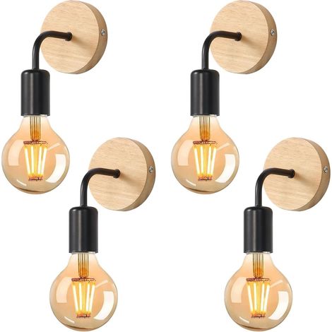 4 Pièces Lampe Murale Bois, Appliques Murale Interieur Industrielle, E27 Vintage Luminaire Interieur pour Chambre, Salon, Couloir, Restaurant, Noir [Classe énergétique F]