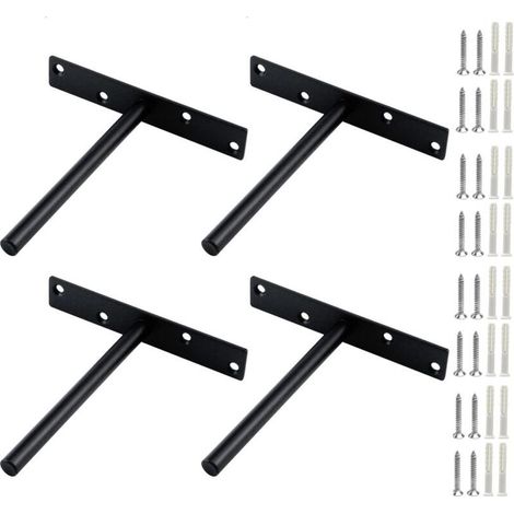 4 ensembles Support Étagère Invisible T Forme Équerres Fixation Murale Robustes pour Meuble Bibliothèque Cuisine Charge Lourde Acier Noir Durable
