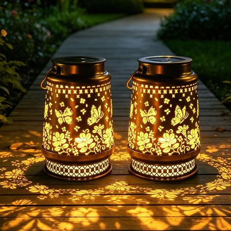 Solarlaterne – 2 Stück – Metall – Retro-Schmetterling-LED – Garten, Terrasse, Balkon (1/5)