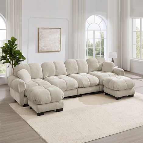 Sofá de salón en forma de U para 4 personas, tela de chenilla, sofá modular con 2 otomanas móviles, diseño de acolchado fino, suave y de soporte, respaldo ergonómico, fácil de montar, color caqui clar (1/5)