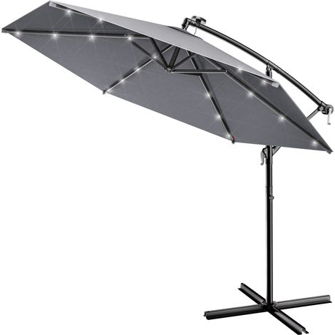 KINGSLEEVE® Ampelschirm LED Beleuchtung UV Schutz 80+ Solar Ständer Schutzhülle 300cm Groß Kurbel Balkon Terrasse Gartenschirm Sonnenschirm anthrazit