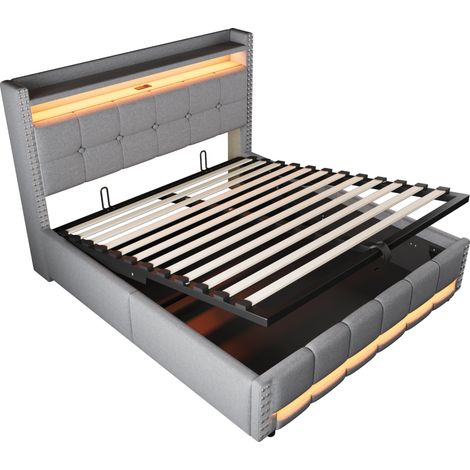 Letto matrimoniale imbottito 160x200 cm con LED, USB, contenitore e box idraulico grigio chiaro (1/5)