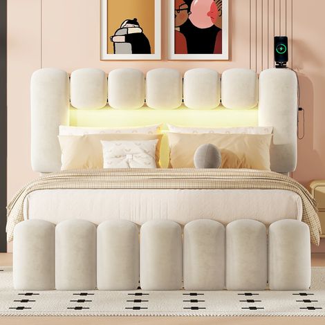 Lit avec Tiroirs 140×200 cm, Lit Double avec 4 Tiroirs, USB, Haut-Parleurs et LED, sans Matelas, Beige