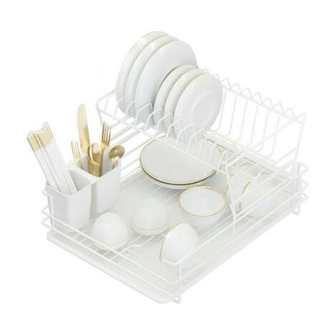 Égouttoir de cuisine modulable double niveau – Métal épais blanc – 2 porte-couverts suspendus – Plateau récupérateur d'eau – Dimensions L 38 x l 26 x H 24 cm (1/4)