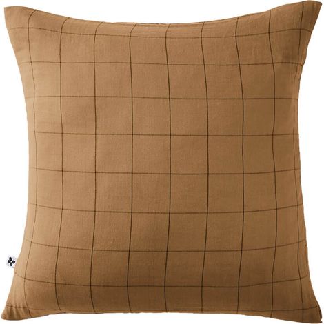 OUREA MOTIF - Taie d'Oreiller 60x60cm Gaze de Coton Camel à Grands Carreaux (1/5)