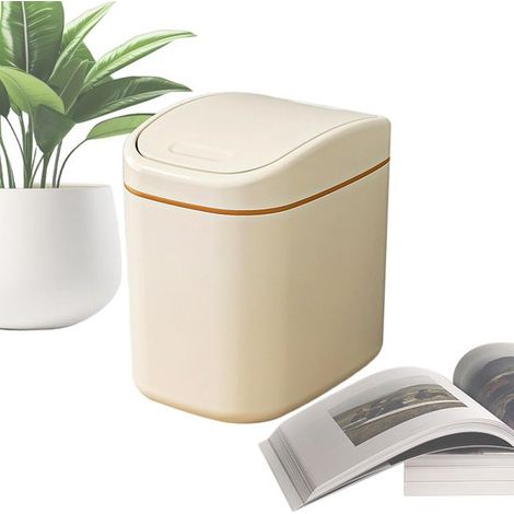 pièce - Prullenbak - Mini poubelle - Poubelle de bureau - Couvercle à charnière en plastique - Convient pour la maison et le bureau - Poubelle compacte avec couvercle - Beige (1/5)