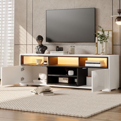 Meuble TV laqué 150x35x50 cm, console multimédia moderne avec étagères, armoire 2 portes et 8 casiers, rangement idéal pour petit salon et appartement compact, panneaux de particules. (1/5)