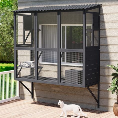 YODOLLA Catio Fenster-Katzengehege 4 Ebenen, 3 Türen – wetterfest, Grau Großes Katzenhaus aus Holz, Ideal zum Ausruhen & Beobachten, Einfache Montage am Fenster, Außengehege für Wohnungskatzen