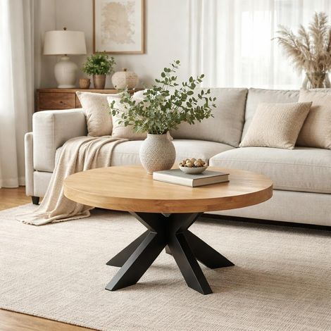 Table basse ronde en bois clair à pied croisé RIVANO