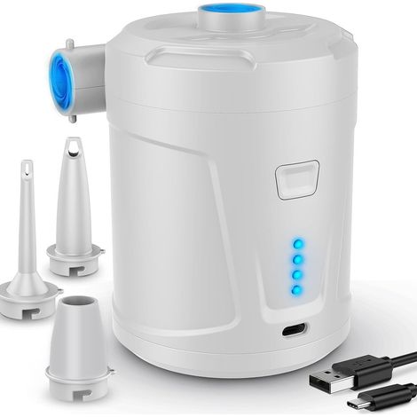 Pompa elettrica per aria, batteria ricaricabile da 5200 mAh, gonfiatore per materassi gonfiabili con 3 ugelli per aria, gonfiatore rapido per gommone/materasso ad aria bianco