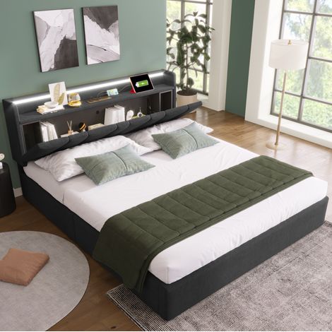 Cama canapé 140x200 cm de tela gris con LED, USB y cabecero con almacenaje (1/5)