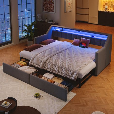 Letto estraibile in lino grigio 90x200 cm con USB e Type-C, LED, 2 cassetti e vani portaoggetti (1/5)