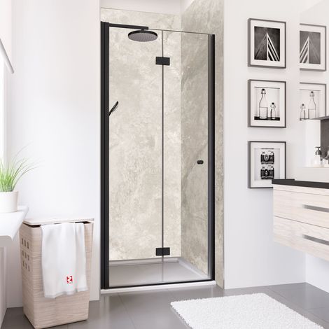 Porte de douche pivotante-pliante pour niche, ouverture vers la gauche, verre 5 mm transparent anticalcaire, profilé noir, style industriel, Schulte, 90 x 190 cm