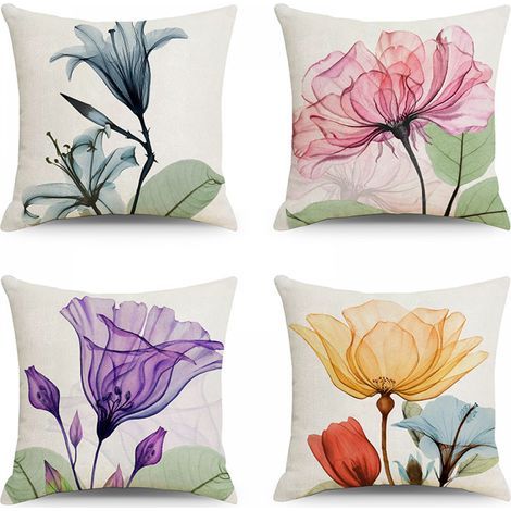 Set of 4 Cushion Covers 45x45cm Multicolor Flower Patio Outdoor Square Pillowcase Modern Farmhouse Summer Watercolor Plants Decorative Pillow Cover for Sofa Bedroom Garden (1/5)