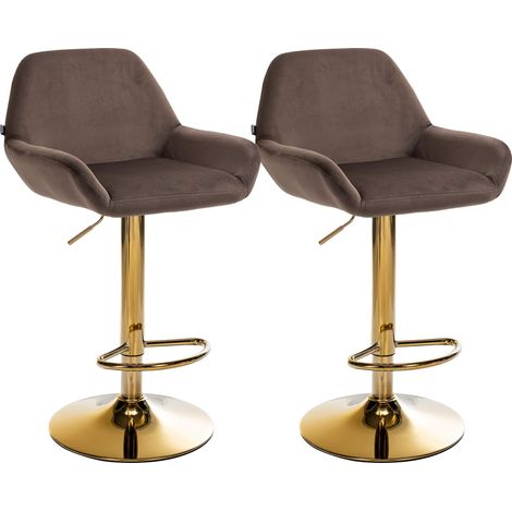 Set 2 sgabelli bar con poggiapiedi integrato, rivestimento in velluto marrone, struttura in metallo oro TDB10736