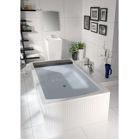 Baignoire d'angle 190x130 cm – Acrylique blanc brillant – Appuie-tête long noir inclus – Installation à encastrer – Volume 370 L – Riho
