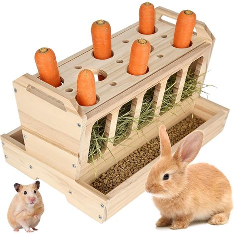 Large Wooden Hay Rack for Rabbits, Hamsters, 30 x 20.5 x 18 cm, Natural Untreated Wood Bowl, Self-Feeding Bowl for Guinea Pigs, Mice, Rats (1/5)