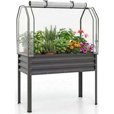 Galvanized Raised Garden Bed with Legs and Greenhouse Cover for Vegetable Flower-Gray (1/5)