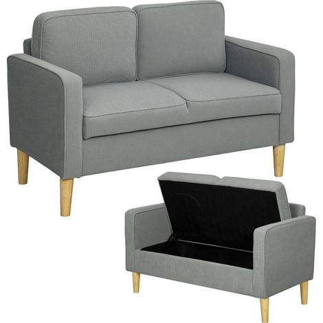 Canapé 2 Places avec Coffre de Rangement en Velours Côtelé Gris Clair - Mini Canapé Salon Petit Espace Pieds Bois 117x63x79cm (1/5)
