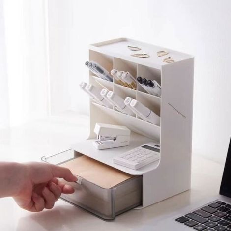 Boîte de Rangement Bureau Organiseur de Fournitures avec Tiroir Multifonctionnel Porte-stylo Rangement pour La Maison l\'école-Blanc (1/4)
