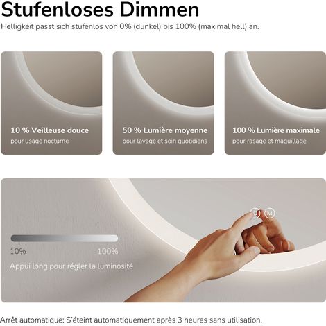 EMKE Miroir salle de bain rond avec éclairage avec Interrupteur tactile, Anti-buée, 3 Couleurs de lumière, Dimmable, Fonction mémoire, 80cm diamètre