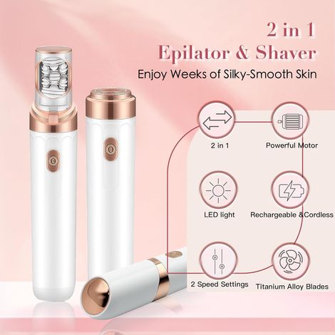 Épilateur et rasoir 2 en 1 pour femmes - Appareil d'épilation rechargeable avec lumière LED - Convient pour le visage, les aisselles et les jambes - Format voyage - Rose (1/5)