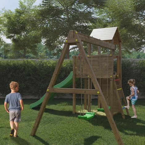 Fungoo Spielturm "Boomer 3", teak, mit Rutsche, Doppelschaukel, Leiter, Griffe, Kletterwand und Holzdach (1/5)