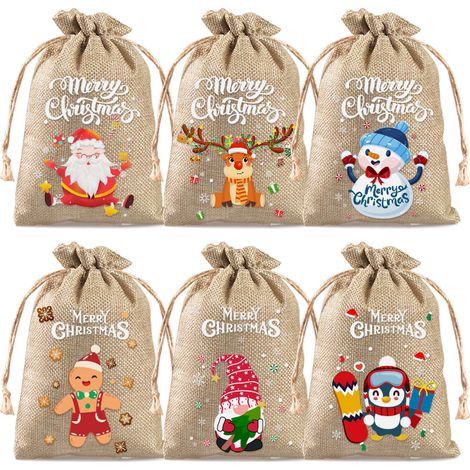 18er-Pack Weihnachts-Geschenktüten aus Sackleinen mit Kordelzug, Weihnachts-Leckerli-Tüten aus Leinen, kleine Geschenktüten aus Jute, wiederverwendbare Geschenkverpackungstüten für die Weihnachtsfeier (1/4)