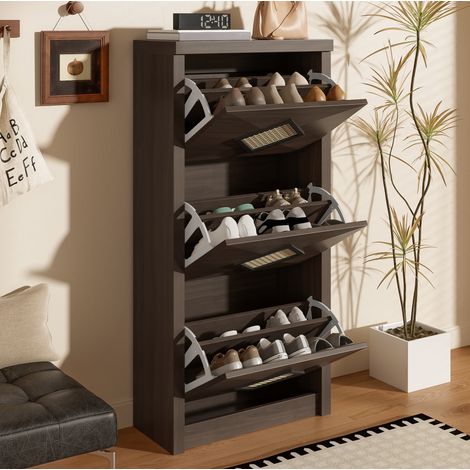 Schuhschrank mit 3 Klappfächern, 54 x 25 x 115 cm, dunkles Holzdekor und Rattan HAVRYA (1/5)