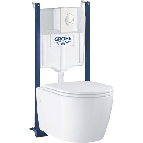 Pack WC suspendu sans bride GROHE Start Round Ceramic  + abattant frein de chute + Bâti-support mur + Plaque blanc alpin