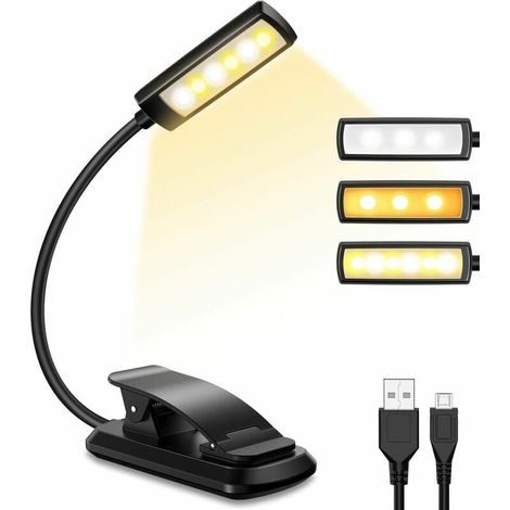 Lampe De Lecture Rechargeable - 9 LED - 3 Couleurs De Lumière - Réglage Continu De La Luminosité - Collier Flexible 360° - Clip Et Pied - Pour Lecture Nuit Livre Voyage - 1 Pièce (1/5)