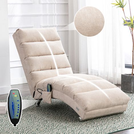 Chaise longue massaggiante 55x148x84 cm beige in lino con vibrazione delicata e tasca laterale (1/5)