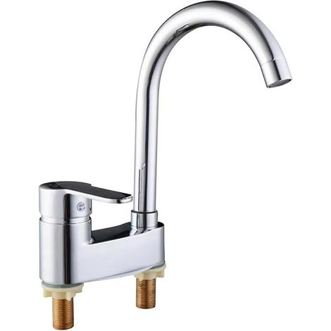 Robinet de lavabo double, grand coude électroplaqué, eau chaude et froide, alliage de cuivre, avec tuyau d'arrivée d'eau. (1/5)