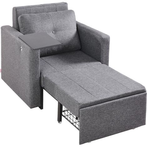 Canapé-lit, avec poche latérale, oreiller, accoudoir, tablette et dossier réglable sur 5 niveaux, canapé convertible en lit simple avec 2 roulettes et rangement inférieur, pour bureau, gris (1/5)