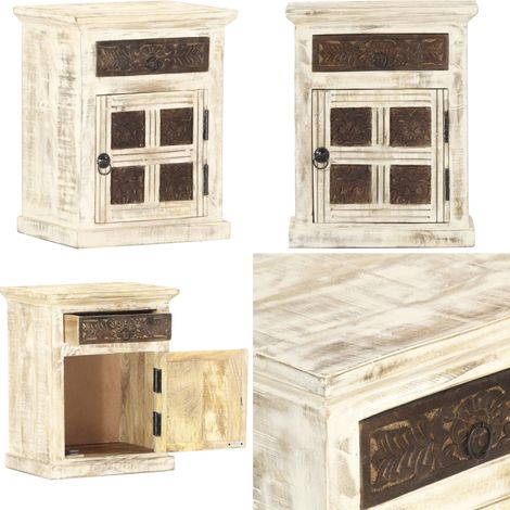 vidaXL Table de chevet Blanc 40 x 30 x 50 cm Bois de manguier massif (1/5)