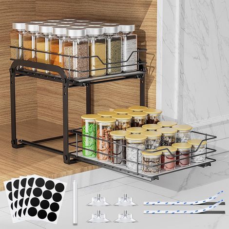 Étagère à épices extensible à 2 étages, Hauteur réglable, Étagère à épices extensible avec autocollant, Pour placard, cuisine, plan de travail (26 x 23 x 23 cm) (1/5)