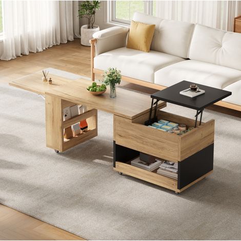 REDOM tavolino da caffè estraibile 161.5x46x67 cm, elemento laterale girevole 360°, piano sollevabile, legno ingegnerizzato naturale e nero (1/5)