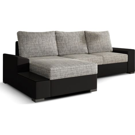 Canapé angle gauche convertible tissu gris chiné et simili noir James 245cm (1/5)