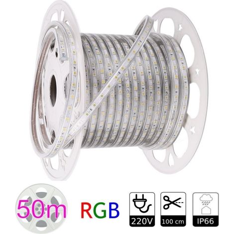 Bande LED RGB 220V extérieure 10W/mètre – 50 mètres – Découpable tous les 100 cm – Protection IP66 – SMD5050 haute puissance – Jandei (1/3)