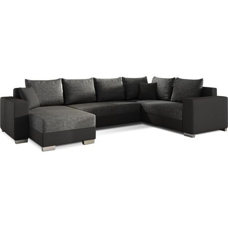 Canapé U convertible tissu gris foncé et simili noir coffre de rangement à gauche Marry 321cm (1/5)