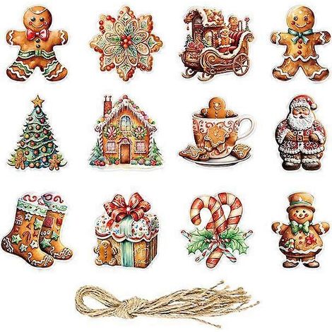 12 décorations de Noël en forme de bonhomme en pain d'épice à suspendre au sapin, pendentifs en papier, étiquettes cadeaux pour le Nouvel An et Noël. (1/5)