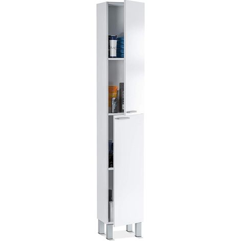 Colonna Armadio Da Bagno Con Doppia Anta E 4 Ripiani Mobile Alto Salvaspazio Armadietto In Melaminico Chiusura Ammortizzata Lavanderia 30 x 25 x 182 Cm Bianco Lucido