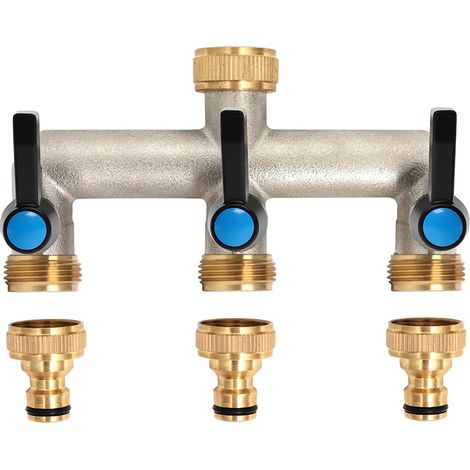 Distributeur d'eau 3 voies en laiton pour 3 appareils/tuyaux d'arrosage, 3 adaptateurs 3/4" 1/2" avec robinet à boisseau sphérique pour régler et fermer le débit d'eau (1/5)
