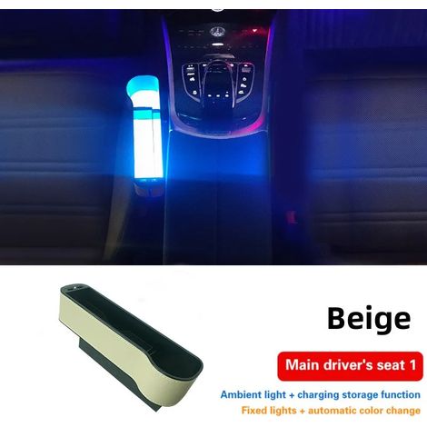(Côté conducteur principal beige) Organisateur de siège auto lumineux LED multicolore, boîte de rangement en cuir PU pour boisson, téléphone et portefeuille, accessoire auto (1/5)