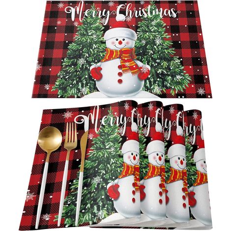 Sets de table bonhomme de neige de Noël (lot de 4) - Joyeux Noël Joli bonhomme de neige avec sapin de Noël - Sets de table en lin et coton à carreaux rouges et noirs - Antidérapants et lavables - Par (1/5)