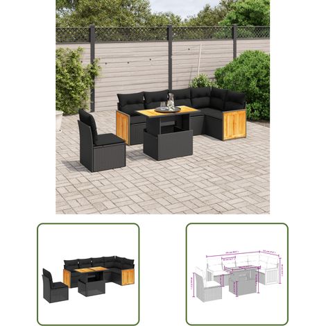The Living Store Salon de jardin 7 pcs avec coussins noir résine tressée - Salon De Jardin - Mobilier Extérieur - Set Salon - Résine Tressée - Rotin Synthétique (1/3)