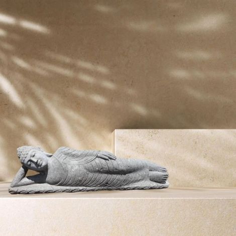 Bouddha allongé statue en pierre volcanique extérieur zen 1 m